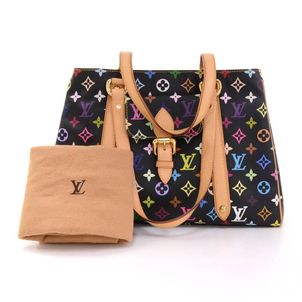 Louis Vuitton Aurelia MM bag in black multicolor monogram canvas. Outside, it has 1 pocket with flap and buckle lock on front. Top is secured with hook. Inside has dark brown alkantra lining with 1 zipper pocket and 1 for mobile. Great for daily