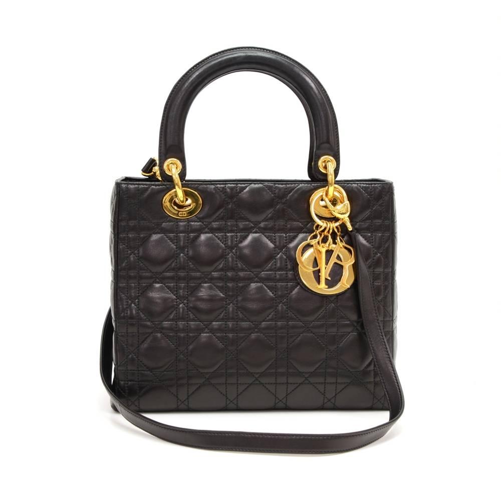Christian Dior Lady Dior 10inch Black Quilted Cannage Leather Hand Bag + Strap