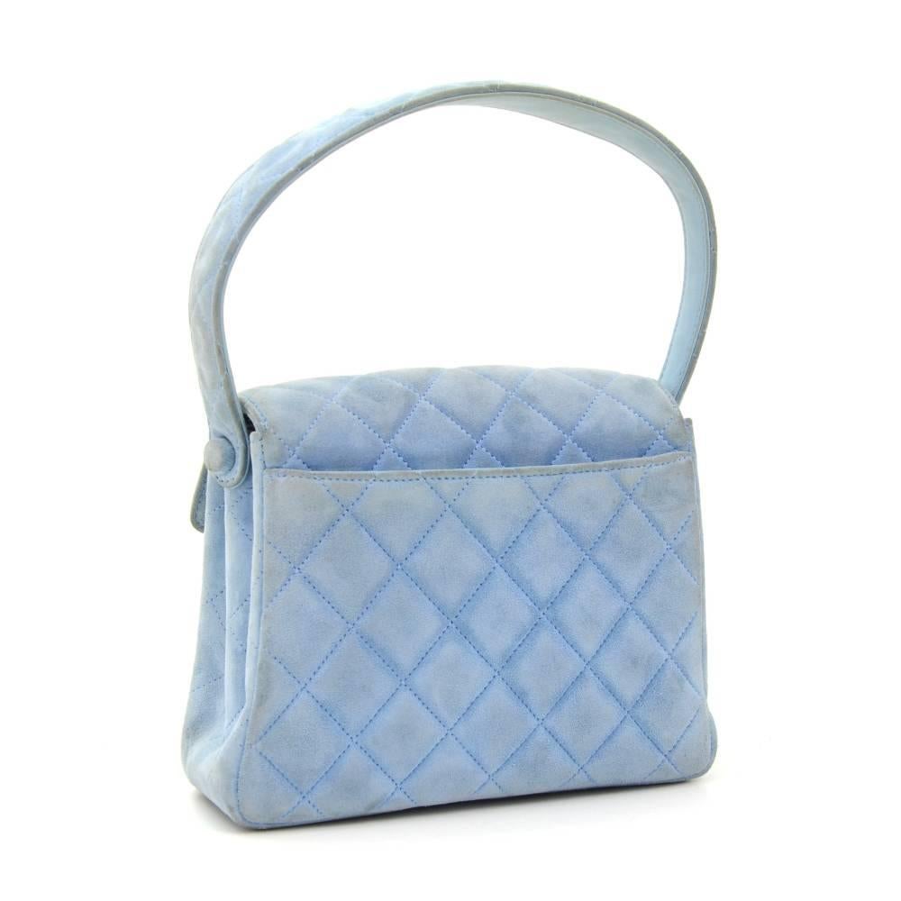 Chanel Light Blue Quilted Suede Leather Flap Hand Bag In Good Condition In Fukuoka, Kyushu