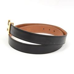 Hermes Brown x Black Leather x Gold Tone H Buckle Belt Size 90