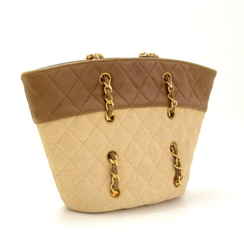 Vintage Chanel Brown Quilted Leather x Canvas Mini Bucket Hand Bag In Good Condition In Fukuoka, Kyushu