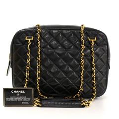 Vintage Chanel 12" Black Leather Medium Shoulder Tote Bag