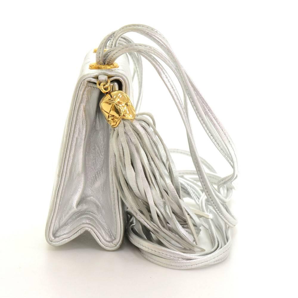Women's Vintage Chanel Flap Silver Metallic Quilted Leather Fringe Mini Shoulder Bag