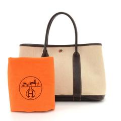 Hermes Garden Party TPM Chocolate Brown Leather Beige Canvas Hand Bag
