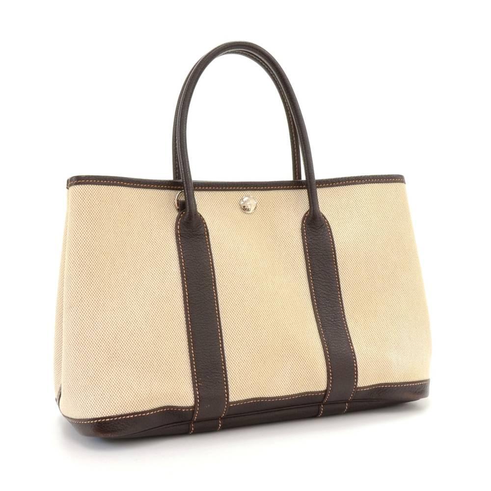 Hermes Garden Party TPM Chocolate Brown Leather Beige Canvas Hand Bag In Excellent Condition For Sale In Fukuoka, Kyushu