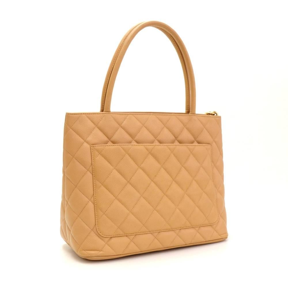Orange Chanel Revival Beige Quilted Caviar Leather Tote Hand Bag