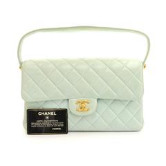 Chanel 10" Double Sided Light Green Cyan Quilted Leather Flap Handbag