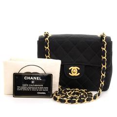 Chanel 7" Mini Black Quilted Satin Flap Shoulder Bag