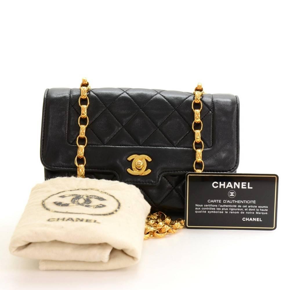 Chanel black quilted leather mini bag. It has flap and CC twist lock on the front. Inside has Chanel red leather lining and 2 pockets; 1 zipper and 1 open. It can be used as shoulder bag or across the body.

Made in: France
Serial Number: