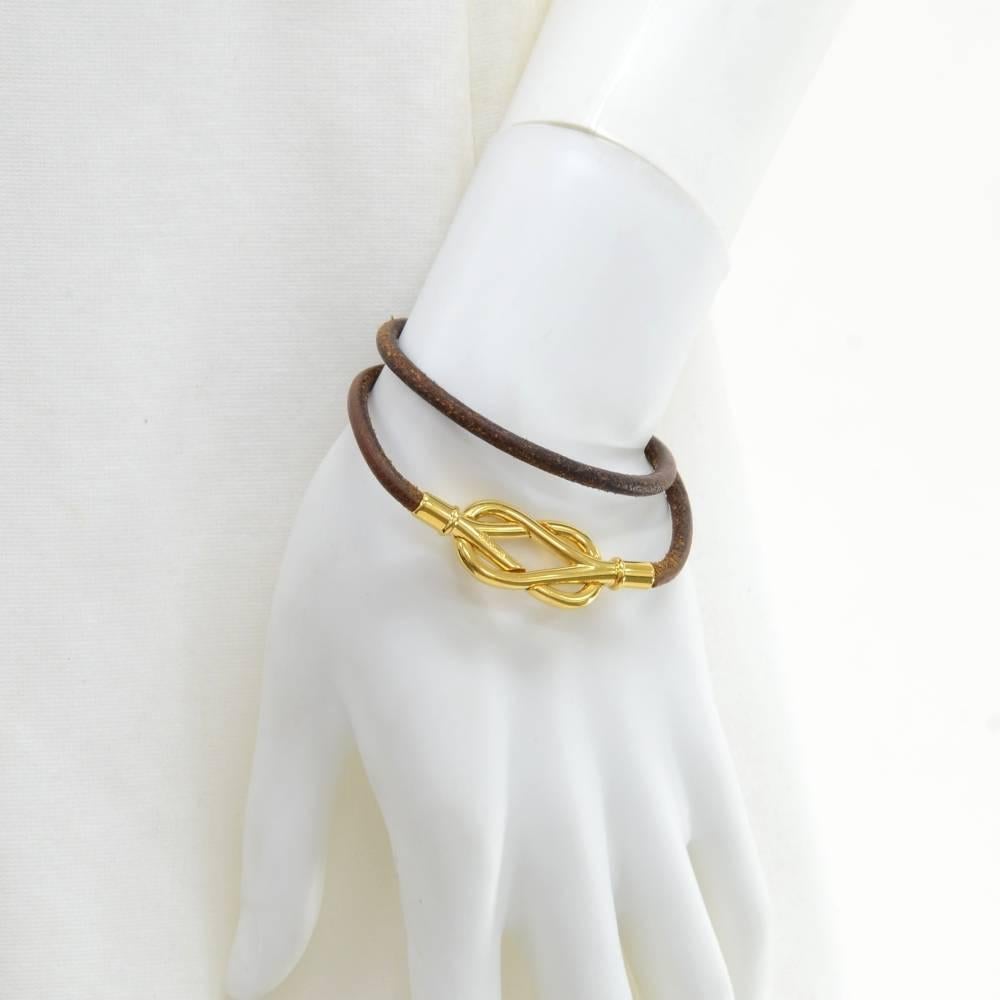 Women's Hermes Atame Dark Brown Leather x Gold Tone Double Bracelet