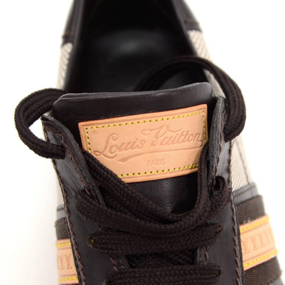 Louis Vuitton Dark Brown Leather x Canvas Sneakers Made in Italy Size 341/2 For Sale 3