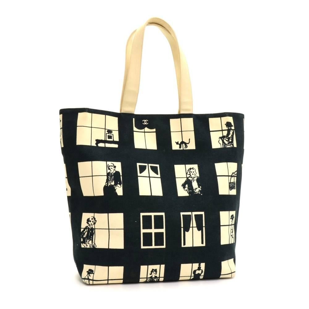 Chanel Windows Lines Black x White Cotton XLarge Tote Hand Bag In Good Condition In Fukuoka, Kyushu