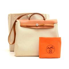Hermes Herbag MM 2 in 1 Beige Canvas Brown Leather Shoulder Hand Bag