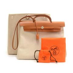 Hermes Herbag MM 2 en 1 Beige Lienzo Marrón Piel Bandolera