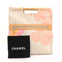 Chanel Off White x Pink Camellia Cotton Wooden Handle Tote Bag