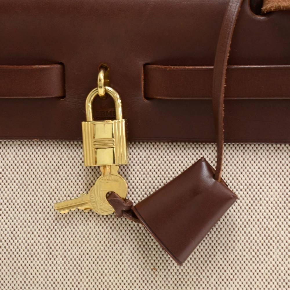 Hermes Herbag PM 2 in 1 Canvas Dark Brown Leather Shoulder Bag In Good Condition In Fukuoka, Kyushu