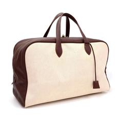 Hermes Victoria 50 Beige Canvas x Brown Leather Large Boston Bag