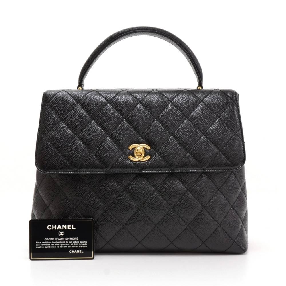 Chanel Kelly style handbag in black caviar leather. It has flap with gold CC twist lock closure on the front. It has 1 open pocket on the back. Inside has black leather lining with 2 pockets; 1 zipper and one open. 

Made in: Italy
Serial Number: