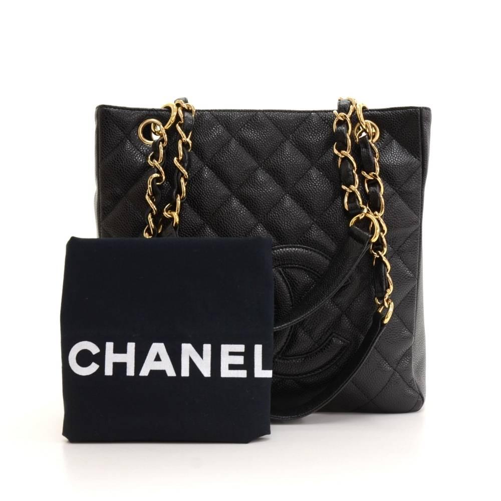 Chanel PST black quilted caviar leather bag. It has magnetic closure on top. Inside lining is black satin with 1 open and 1 zipper pocket. Brass chain winded with leather can be carried as shoulder or hand bag.

Made in: Italy
Serial Number: