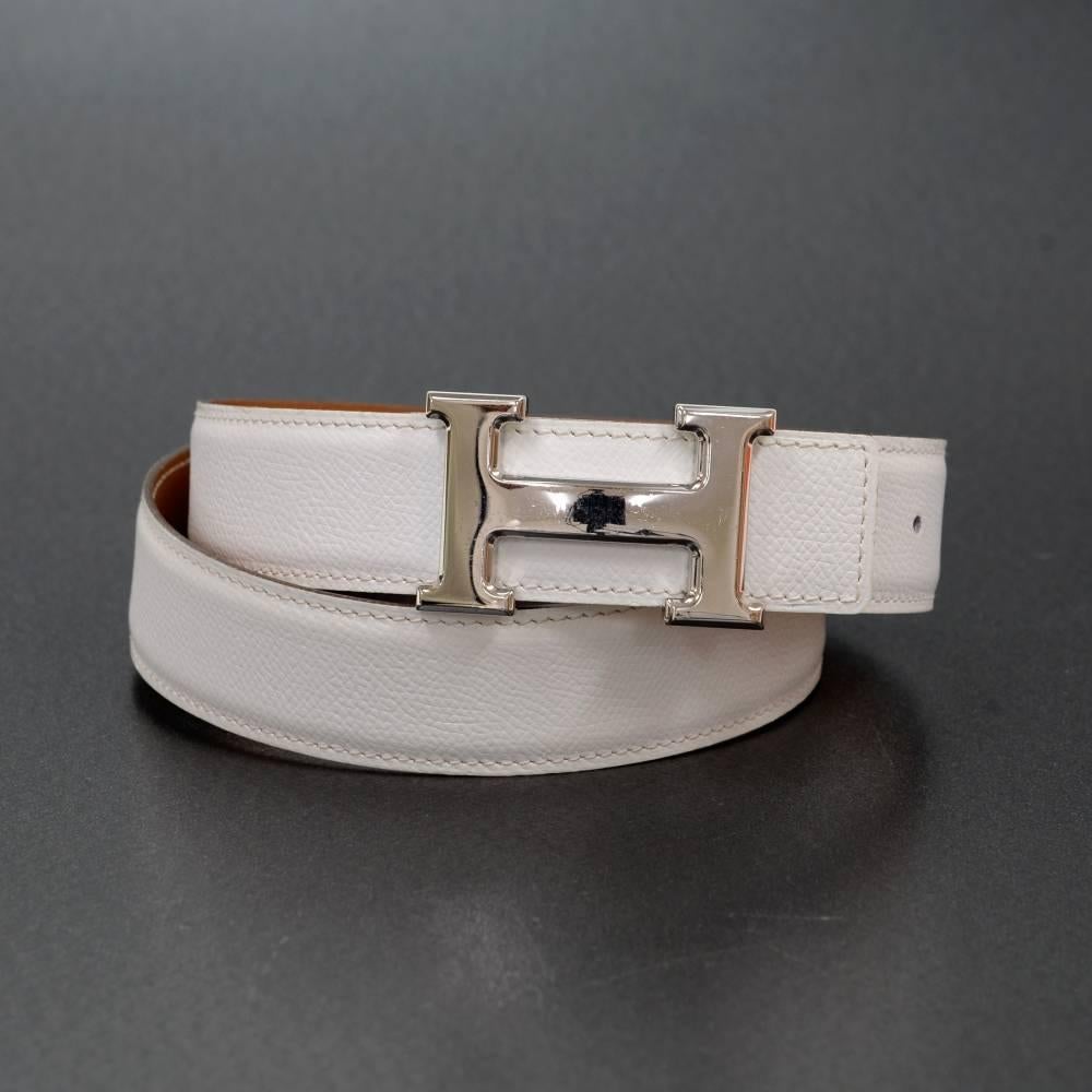 Hermes White x Brown Leather x Silver Tone H Buckle Belt Size 80 In Excellent Condition In Fukuoka, Kyushu