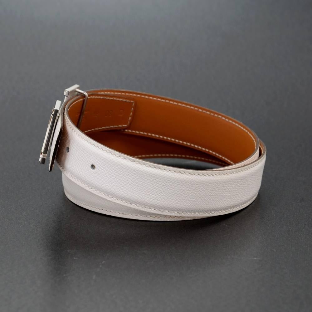 Women's or Men's Hermes White x Brown Leather x Silver Tone H Buckle Belt Size 80