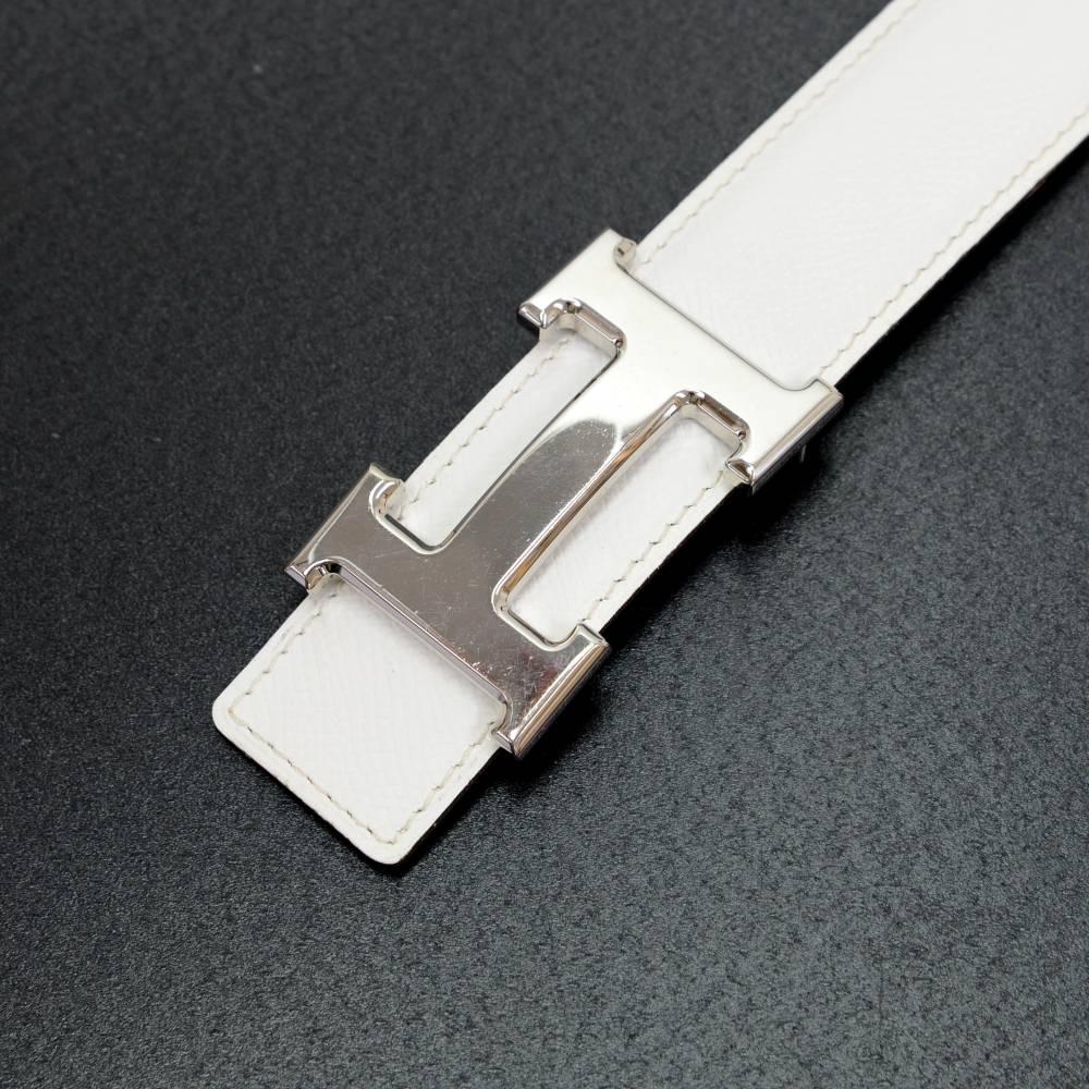 Hermes White x Brown Leather x Silver Tone H Buckle Belt Size 80 2