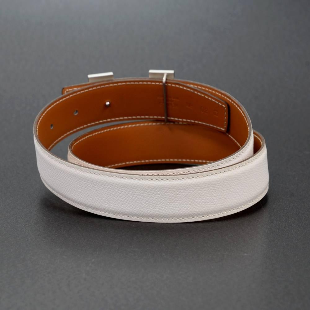 Hermes White x Brown Leather x Silver Tone H Buckle Belt Size 80 1
