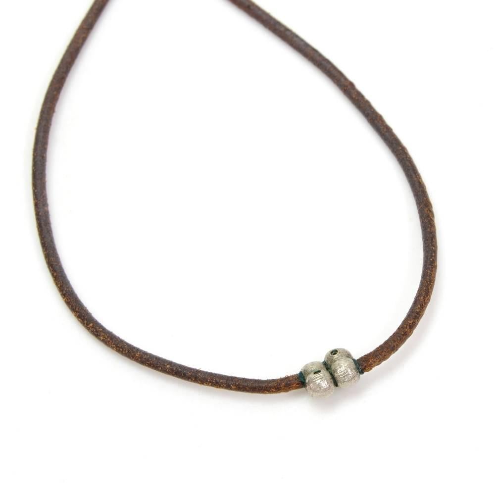 Hermes Bambou Halter Silver Tone H Clip Brown Leather String Necklace In Good Condition In Fukuoka, Kyushu