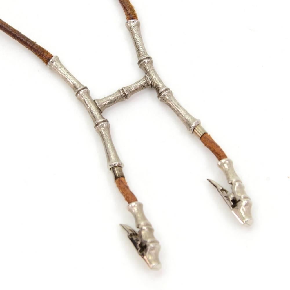 Beige Hermes Bambou Halter Silver Tone H Clip Brown Leather String Necklace