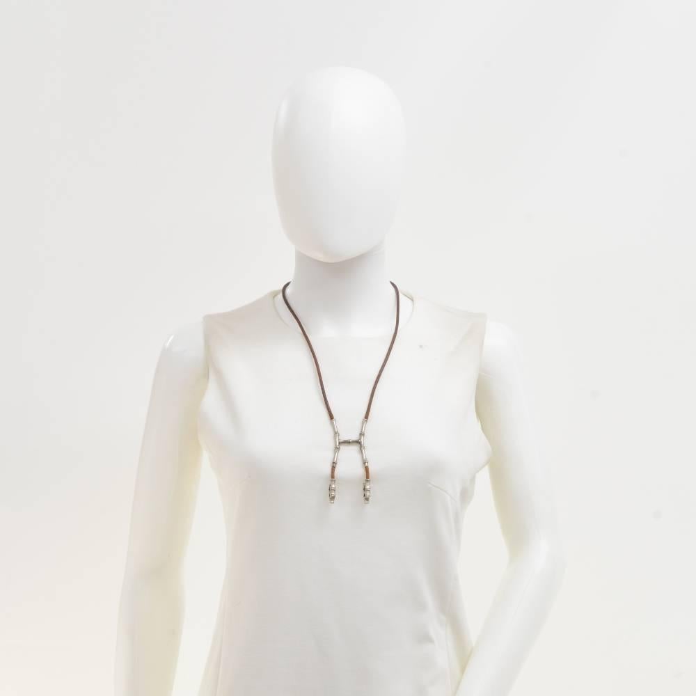 Women's Hermes Bambou Halter Silver Tone H Clip Brown Leather String Necklace
