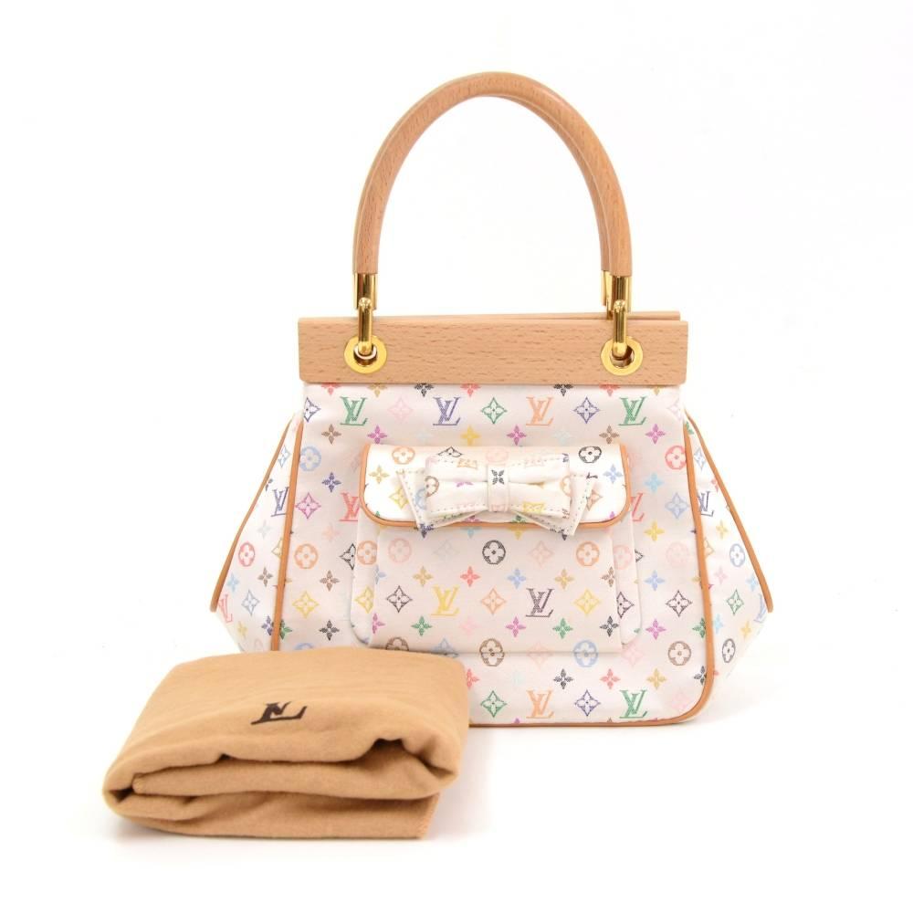 Louis Vuitton Abelia mini hand bag in white multicolored mini monogram satin. Handle and top is solid wood. It is secured with stud closure and 1 flap pocket on front. Inside has nicely white canvas lining with 1 open pocket. Caried in hand. Perfect