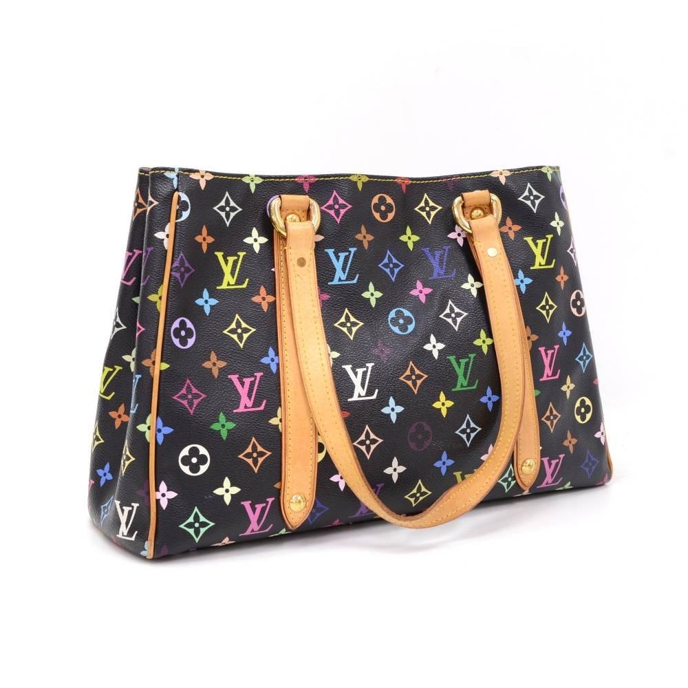 Louis Vuitton Aurelia MM bag in black multicolor monogram canvas. Outside, it has 1 pocket with flap and buckle lock on front. Top is secured with hook. Inside has dark brown alkantra lining with 1 zipper pocket and 1 for mobile. Great for daily