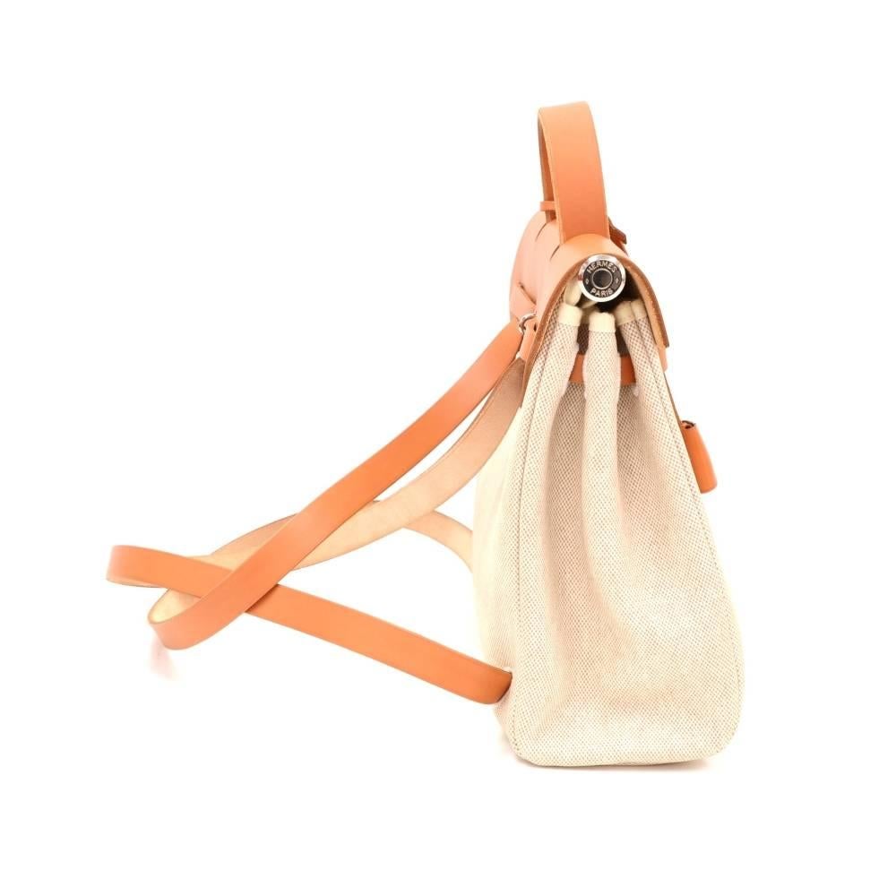 Women's Hermes Herbag Ado 2 in 1 Beige Canvas Brown Leather Backpack Bag