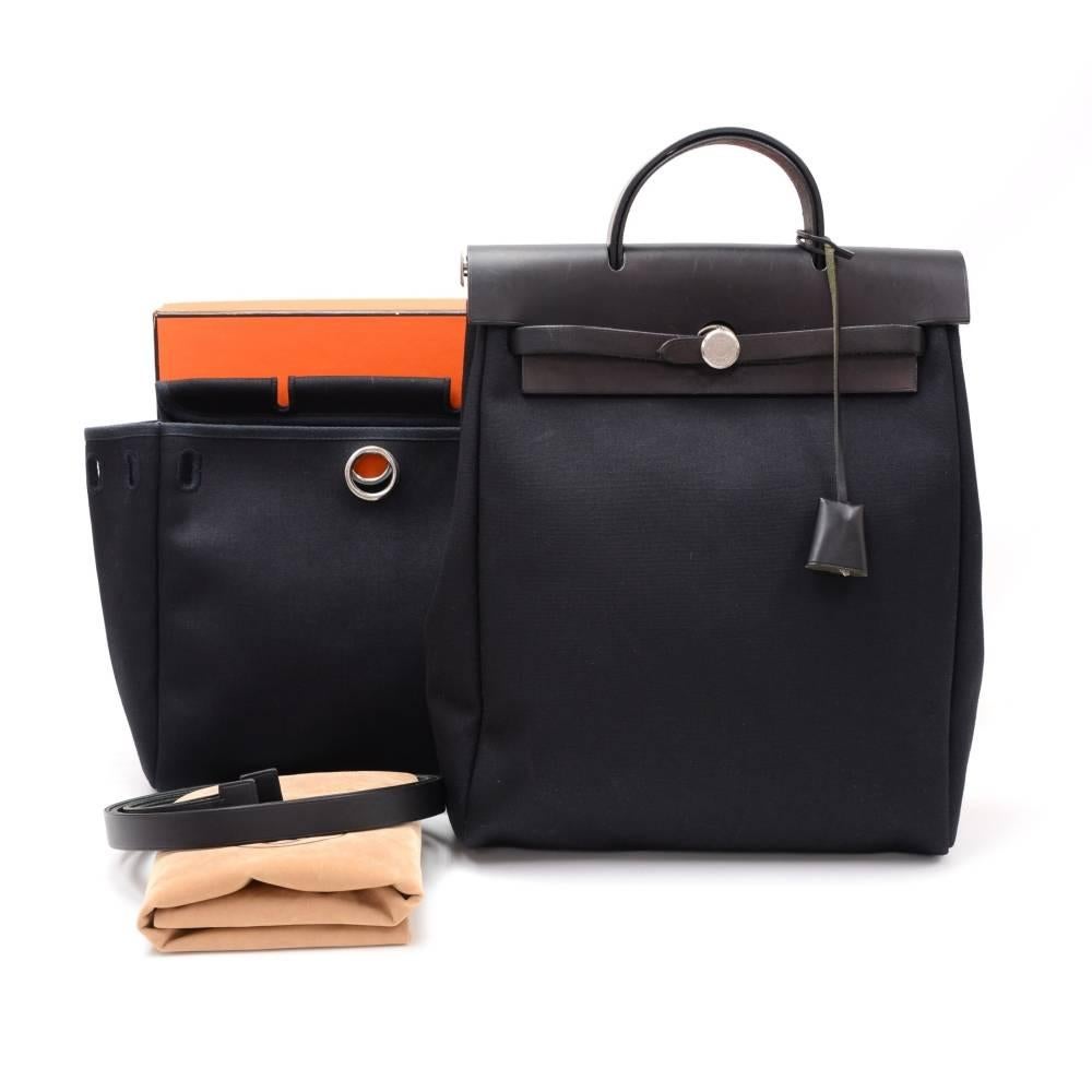 Hermes Herbag canvas x leather hand/backpack bag. Top leather pierce, handle and strap can be attached to both canvas bags for different size. Very stylish bag. Small canvas bag: App 11.8 x 10.6 x 3.9 inches or 28 x 27 x 11 cmLarge canvas Bag: App