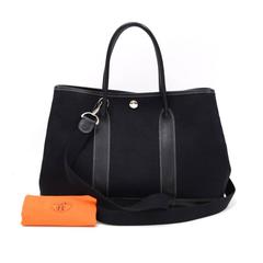 Hermes Garden Party TPM Black Leather Canvas Hand Bag + Strap