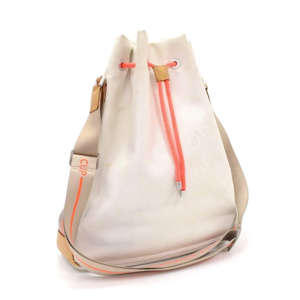 Louis Vuitton bucket shoulder bag in white Damier Geant from a LIMITED 2003 America's Cup edition. Top with tie string and offer great capacity. Limited item NO. 0 6 0 3.

Made in: France
Serial Number: S P 0 0 9 2
Size: 13.8 x 15.7 x 5.1 inches or