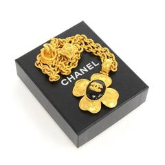 Chanel CC Gold Tone Flower Motif Pendant Necklace