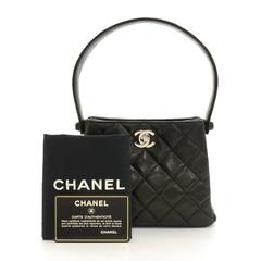 Chanel 7" Black Quilted Leather Mini Hand Bag Silver HWD