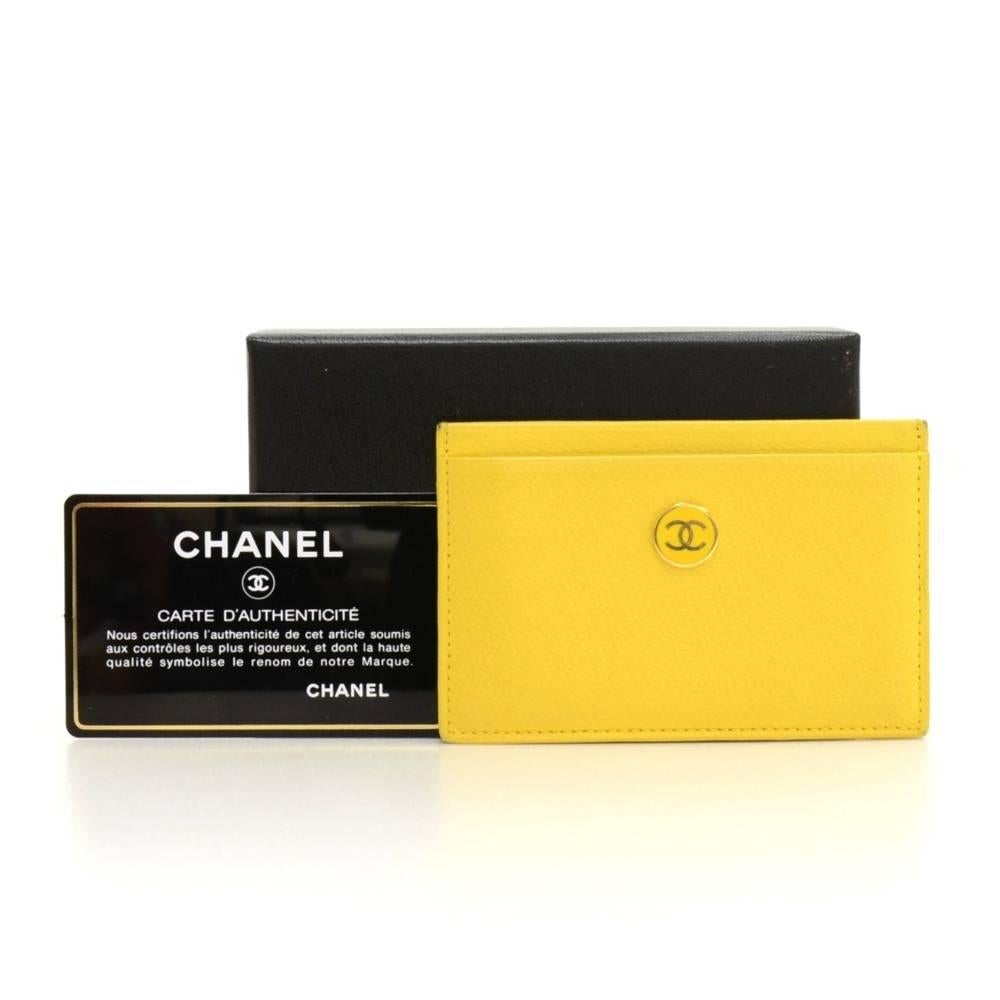 Chanel yellow caviar leather card case. It has CC logo on front and 4 card slots. Very practical where you go!

Made in: France
Serial Number: 8642409
Size: 4.1 x 2.8 x 0 inches or 10.5 x 7 x 0 cm
Color: Yellow
Dust bag:   Not included  
Box:   Yes