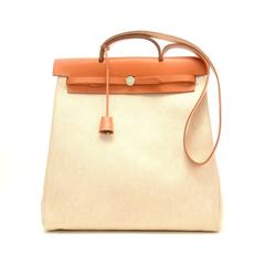 Hermes Herbag MM 2 in 1 Canvas Brown Leather Shoulder Hand Bag