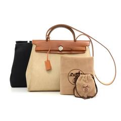 Hermes Herbag PM 2 in 1 Beige Canvas Brown Leather Shoulder Bag