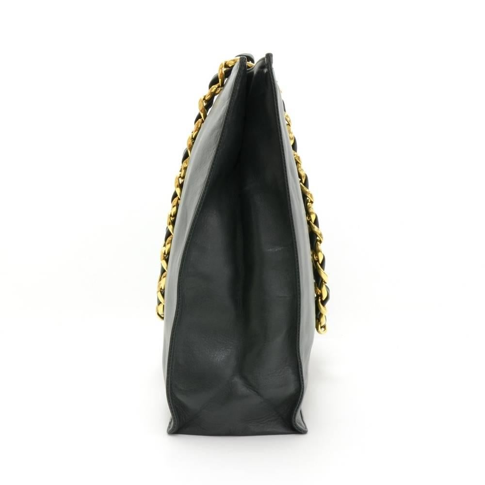 Black Chanel Jumbo XL Dark Green Leather Shoulder Shopping Tote Bag