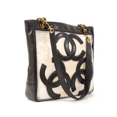 Chanel Triple CC Black Leather x Clear Vinyl Medium Shoulder Tote Bag