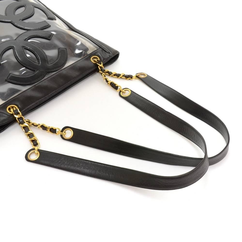 Women's Chanel Triple CC Black Leather x Clear Vinyl Medium Shoulder Tote Bag For Sale