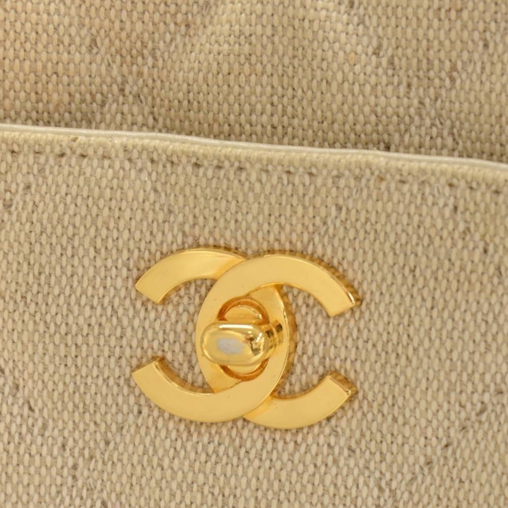 Chanel Beige Quilted Canvas Tote Shoulder Hand Bag For Sale 2