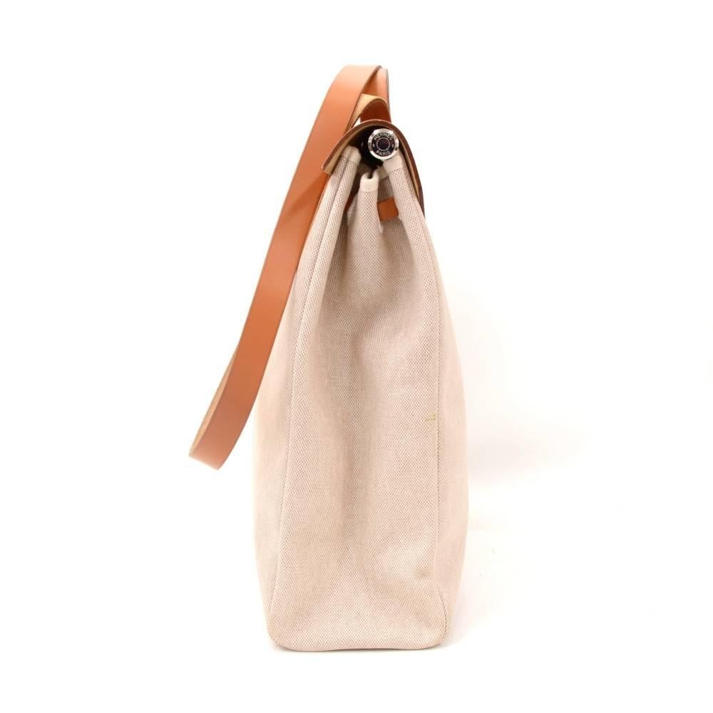 White Hermes Herbag MM 2 in 1 Beige Canvas Brown Leather Shoulder Bag