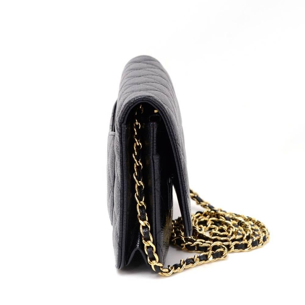 Women's Chanel Black Quilted Caviar Leather Wallet On Long Shoulder Chain