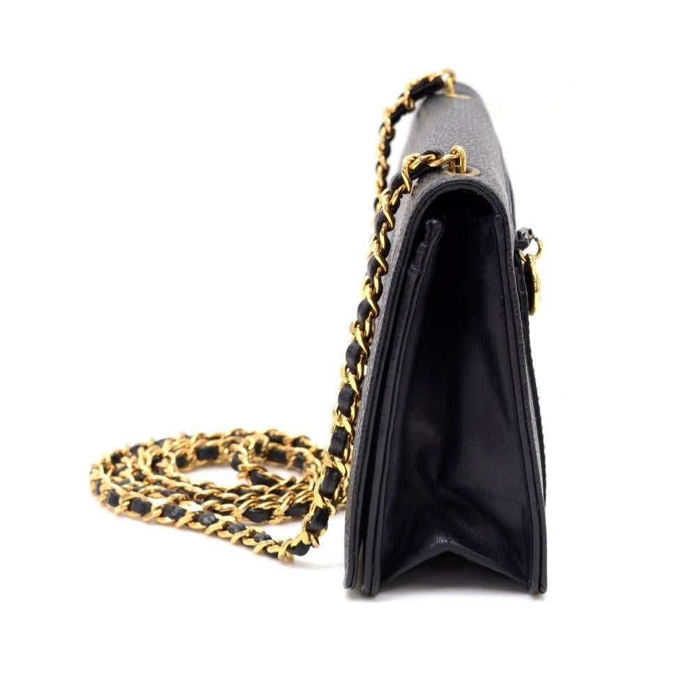 Women's Vintage Chanel Black Caviar Leather Wallet On Long Shoulder Chain