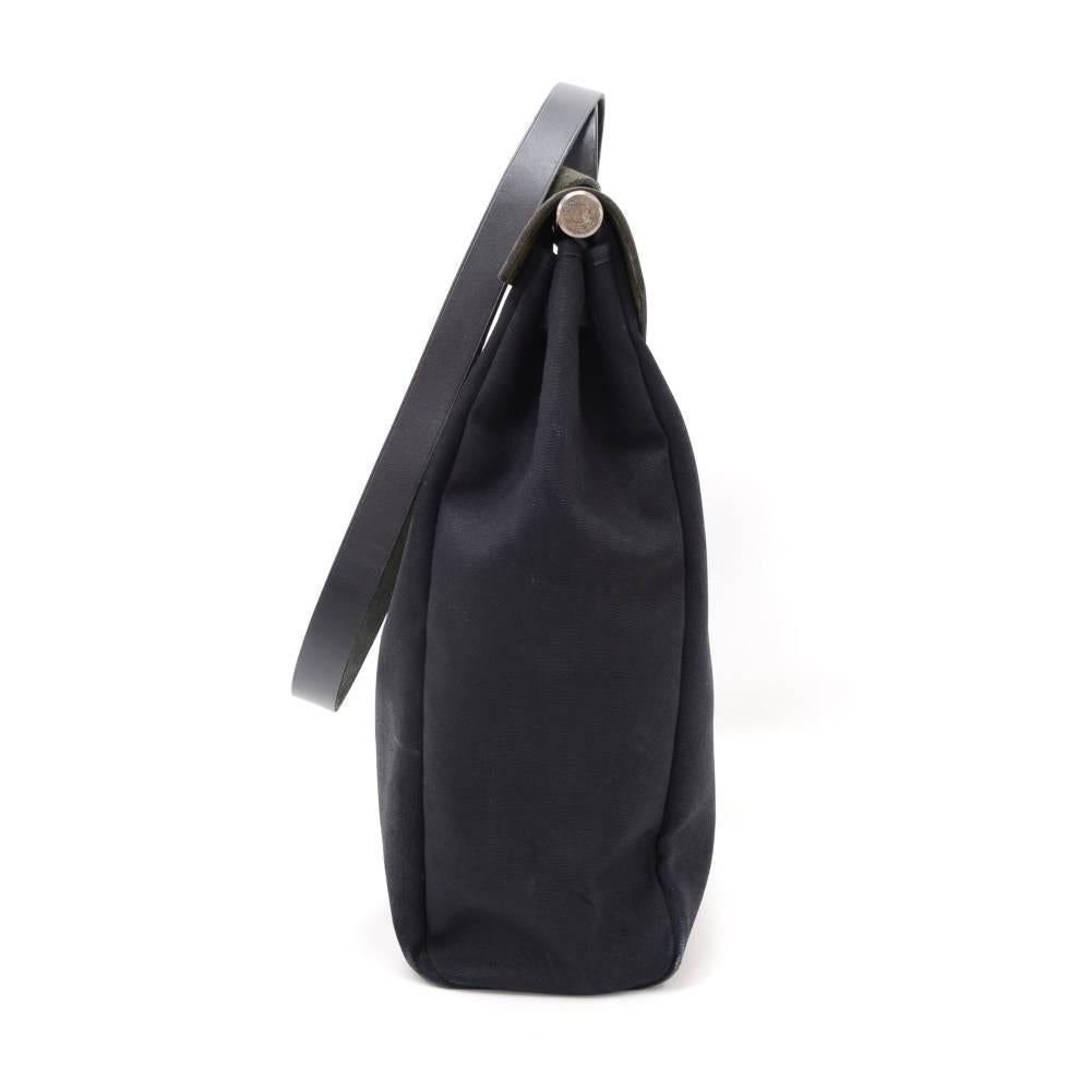 Hermes Herbag MM 2 in 1 Black Canvas Leather Shoulder Hand Bag In Fair Condition In Fukuoka, Kyushu