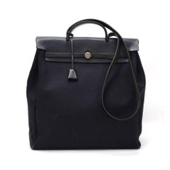 Hermes Herbag MM 2 in 1 Black Canvas Leather Shoulder Hand Bag